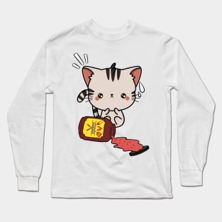 Funny Tabby Cat Spills a jar of BBQ Sauce Long Sleeve T-Shirt